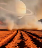 土星远景下的红色星球地貌6460#横屏 