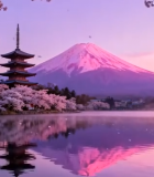 富士山下樱花古塔湖景风光14125#横屏 