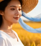 田野中戴草帽的女子11454#横屏 