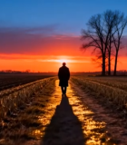 田野中人物夕阳下独自行走1423#横屏 