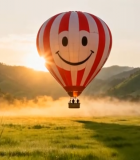 田野上的笑脸热气球飞行画面10233#横屏 