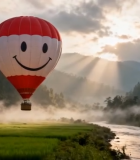 田野上空带笑脸图案的热气球12991#横屏 