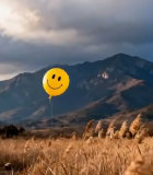 田野间笑脸气球与远山风景10443#横屏 