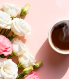 粉色背景鲜花与热咖啡素材11649#横屏 