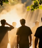 多人在树林逆光下行走场景1642#横屏 