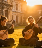 四人于古建筑前草地弹奏乐器7530#横屏 