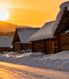 冬日村庄木屋雪景夕阳景象1047#横屏 