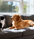 室内沙发上的猫和狗10138#横屏 