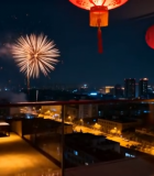 室内透过窗户看烟花夜景3590#横屏 