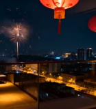 室内透过窗户看烟花夜景3590#横屏 