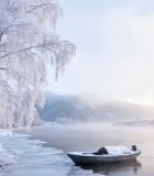 冬季河岸雾凇覆盖的白桦林1505#横屏 