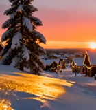 冬日雪景中的木屋与落日8908#横屏 