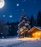 冬夜雪景中的木屋与森林8596#横屏 