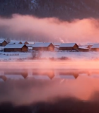 	 冬日雪村湖畔日出景象1795#横屏 