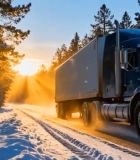 冬日森林公路行驶的大货车6925#横屏 