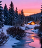 冬日森林河流雪景日落7587#横屏 
