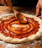 手工涂抹披萨酱的画面4033#横屏 