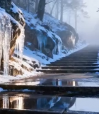 冬日森林积雪石阶与冰柱景观8899#横屏 