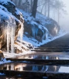 冬日森林积雪石阶与冰柱景观8899#横屏 
