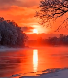 冬日河畔日出雪景4710#横屏 