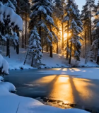 冬日森林雪景阳光洒落景象11767#横屏 