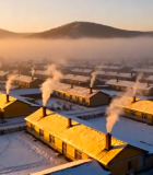 	 冬日山村屋顶炊烟航拍画面12421#横屏 