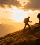 登山者在山间夕阳下徒步1828#横屏 