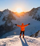 登山者山顶张开双臂望雪山6587#横屏 