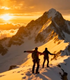 登山者在雪山山顶欢呼5421#横屏 