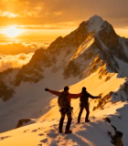 登山者在雪山山顶欢呼5421#横屏 