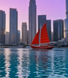 	 迪拜城市风光与水面红帆船9123#横屏 