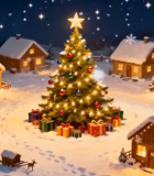 圣诞雪夜村庄与圣诞树场景3778#横屏 