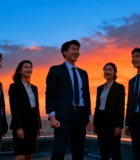 商务团队楼顶夕阳下庆祝13552#横屏 