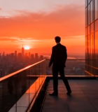 商务人士楼顶眺望城市日落12578#横屏 