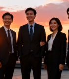 商务人士城市天台合影9363#横屏 