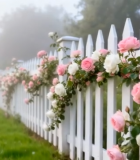 带月季花的白色栅栏田园风光2148#横屏 