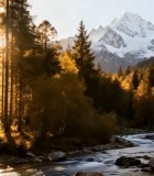 山林间溪流与雪山的自然景象5414#横屏 