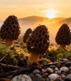 山林间晨曦下的羊肚菌素材6230#横屏 