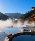 山间木质建筑旁的温泉景观10274#横屏 