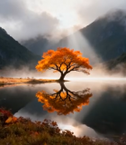 山间秋景湖水与橙黄树木4549#横屏 