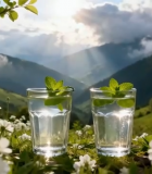 山间花草旁的玻璃杯清水10690#横屏 