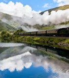 山间湖泊旁行驶的蒸汽火车792#横屏 