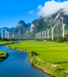 山间河流旁的风力发电场景6044#横屏 