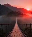 山间吊桥日出风景2874#横屏 