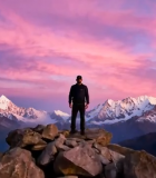 山顶人物远眺雪山全景9028#横屏 