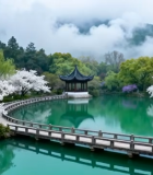 春日湖景桥亭自然风光5668#横屏 