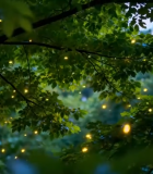 森林中树叶间闪烁的萤火虫7568#横屏 
