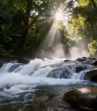森林中溪流阳光洒落景象8707#横屏 