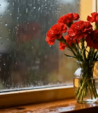 窗边花瓶中康乃馨与雨滴景象9663#横屏 