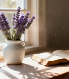 窗边花瓶薰衣草与翻开的书882#横屏 